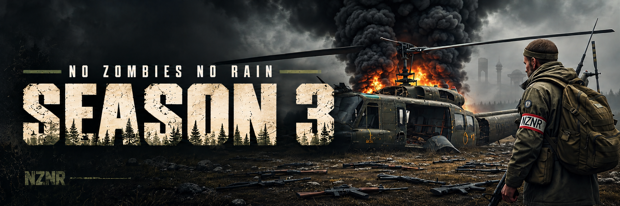 NZNR Season 3 — helicopter wreck with faint towers behind it